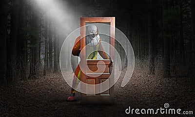 Surreal Evil Clown, Woods, Halloween Stock Photo