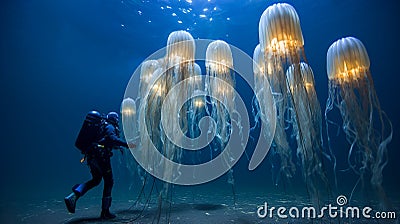Surreal Exploration: Divers Mesmerizing Encounter with Huge Bioluminescent Jellyfish, Generative AI Stock Photo