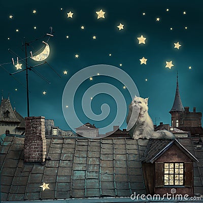 Surreal fairy tale art background, cat on roof, night sky with m Stock Photo