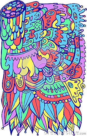 Surreal fantastic doodle pattern. Colorful bright cartoonish folk art. Bohemian and hippie style. Psychedelic artwork. Vector Vector Illustration