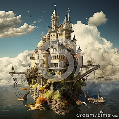 Surreal Fantasy Castle Floating in the Sky with Clouds in the background Cartoon Illustration