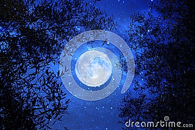 Surreal fantasy concept - full moon with stars glitter in night skies background. Stock Photo