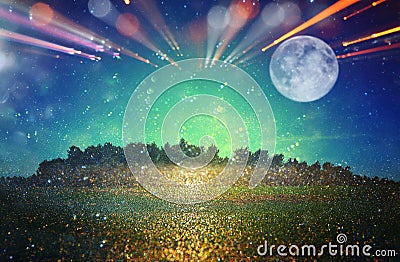 Surreal fantasy concept - full moon with stars glitter in night Stock Photo