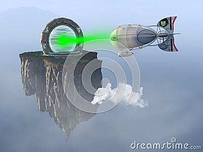 Surreal Fantasy Science Fiction Zeppelin, Landscape Stock Photo