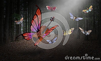 Surreal Fantasy, Violin, Butterfly, Music Stock Photo