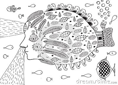 Surreal fish submarine in ocean. Doodle line fantastic illustrat Vector Illustration