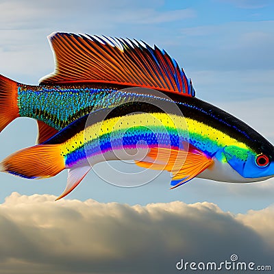 A surreal fish with wings, gliding through a sky filled with fluffy clouds and vibrant rainbows4, Generative AI Stock Photo