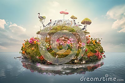 surreal float island filled with blooming flowers and birds singing Stock Photo