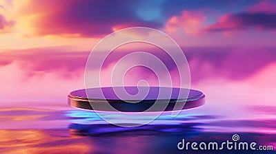 Surreal floating circular platform against vivid abstract background Stock Photo