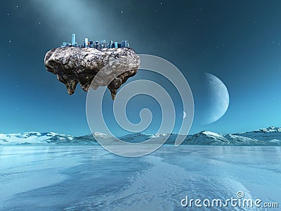 Surreal Floating City, Alien Planet Stock Photo