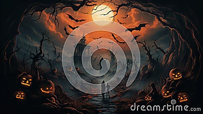 Surreal forest with bats and scary pumpkins on Halloween night, flayer Stock Photo