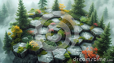 Mystical Forest: Hexagonal Rock Platforms Amidst Seasonal Foliage Stock Photo