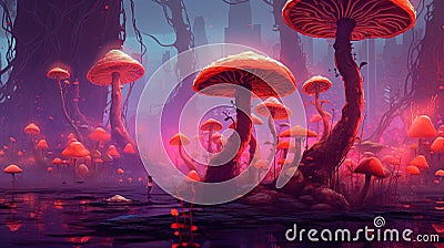 A surreal forest with trees made of mushrooms. Fantasy concept , Illustration painting Stock Photo