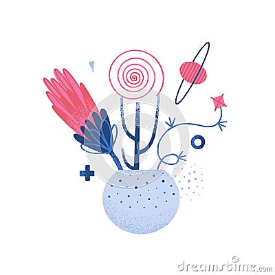 Surreal futuristic bouquet. Celestial composition of flowerss, planet and other objects. Blue and red colors Vector Illustration