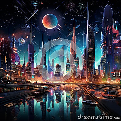 Surreal futuristic cityscape in bold art deco style Stock Photo