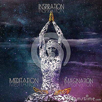 Surreal Futuristic Female Figure in Meditation Pose Cartoon Illustration