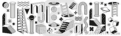 Surreal geometric shapes. Abstract vector elements and signs in trendy minimal outline style. Arch, stairs, column etc. Vector Illustration