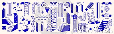 Surreal geometric shapes. Abstract vector elements and signs in trendy minimal outline style. Arch, stairs, column etc. Vector Illustration