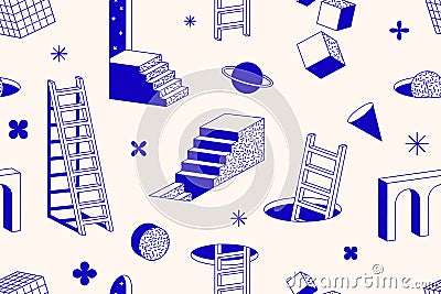 Surreal geometric shapes. Abstract vector elements and signs in trendy minimal outline style. Arch, stairs, column etc. Vector Illustration