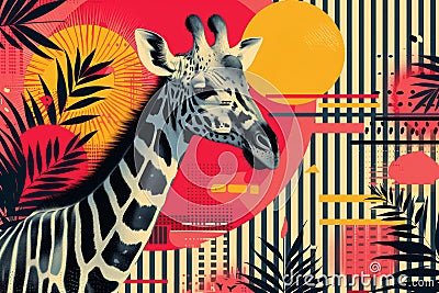 Surreal Giraffe Illustration with Vibrant Jungle Motifs on a Patterned Background Stock Photo