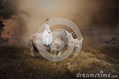 Surreal Girl Riding Rhino, Rhinoceros, Wildlife Stock Photo