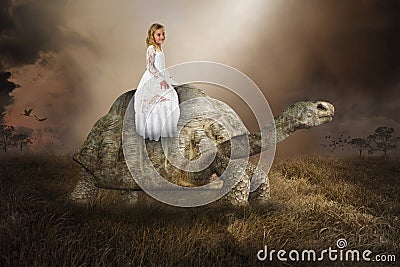 Surreal Girl, Turtle, Tortoise, Nature, Peace, Love Stock Photo