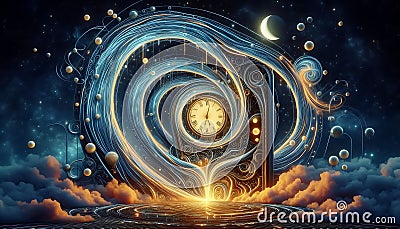 surreal glowing clock with warped time loops symbolizing repetitive psychological thought patterns Stock Photo
