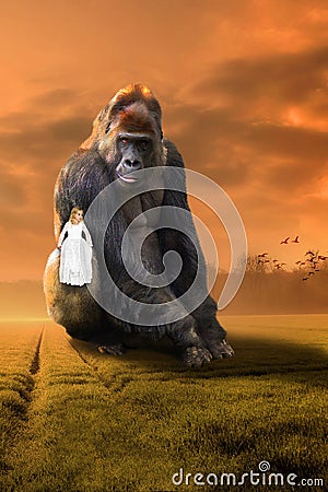 Surreal Gorilla, Girl, Imagination, Nature, Wildlife Stock Photo