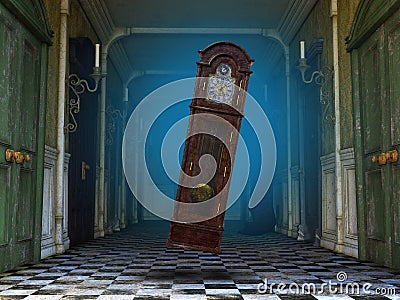 Surreal Grandfather Clock, Haunted House Stock Photo