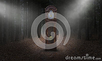 Surreal Grandfather Clock, Time, Woods, Nature Stock Photo