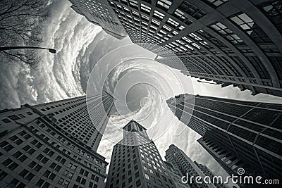 A surreal grayscale cityscape with a distorted spatial perspective. The towering buildings bend into a vortex, creating a sense of Stock Photo
