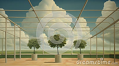 Surreal Greenhouse Gases: Realistic Painting Of A Tranquil Garden With Ethereal Clouds Stock Photo