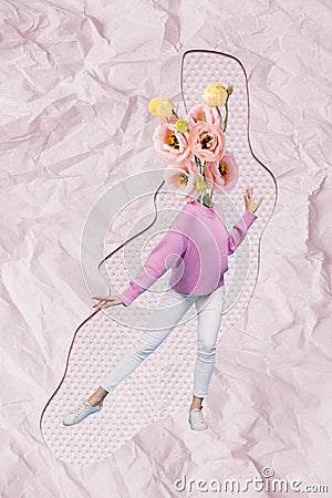 Surreal illustration graphics collage of gentle lady with flowers head dancing energetic feeling comfort critical days Cartoon Illustration