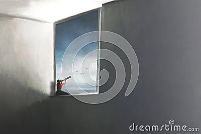 Surreal illustration of a person looking out of a spyglass out the window of a house Cartoon Illustration
