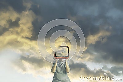 Surreal illustration of a woman with her head hidden by a tv projecting a sky Cartoon Illustration