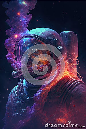 Surreal image of astronaut with floating intrinsic iridescent in nebula. Stock Photo