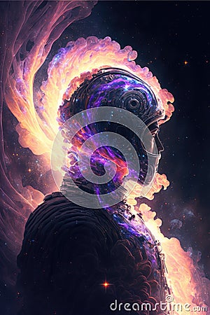 Surreal image of astronaut with floating intrinsic iridescent in nebula. Stock Photo