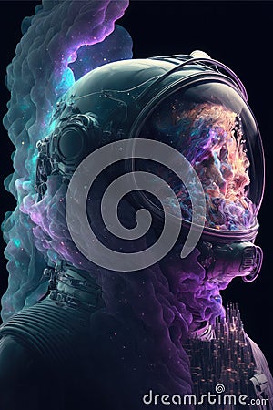 Surreal image of astronaut with floating intrinsic iridescent in nebula. Stock Photo
