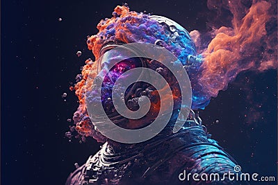 Surreal image of astronaut with floating intrinsic iridescent in nebula. Stock Photo