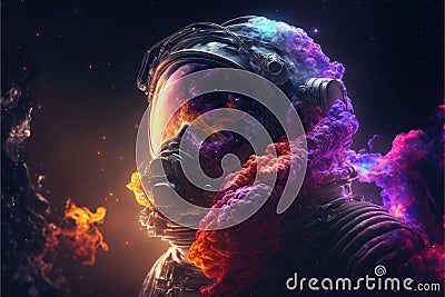 Surreal image of astronaut with floating intrinsic iridescent in nebula. Stock Photo