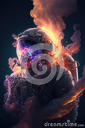 Surreal image of astronaut with floating intrinsic iridescent in nebula. Stock Photo