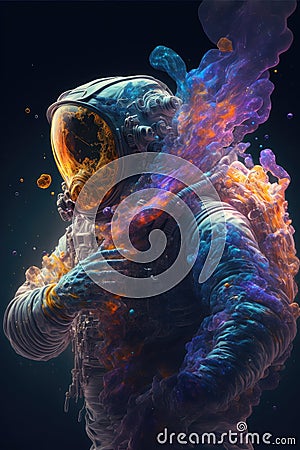 Surreal image of astronaut with floating intrinsic iridescent in nebula. Stock Photo