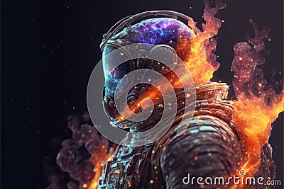 Surreal image of astronaut with floating intrinsic iridescent in nebula. Stock Photo