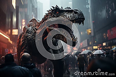 A surreal image blending modern cityscapes with roaming dinosaurs, portraying an imaginative time-travel scenario where past and Stock Photo