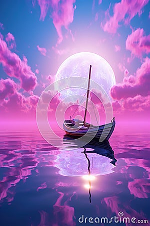 Surreal image of boat in water under pink full moon Stock Photo