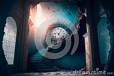 Surreal image of the clock staircase leading to the clock Generative AI Stock Photo