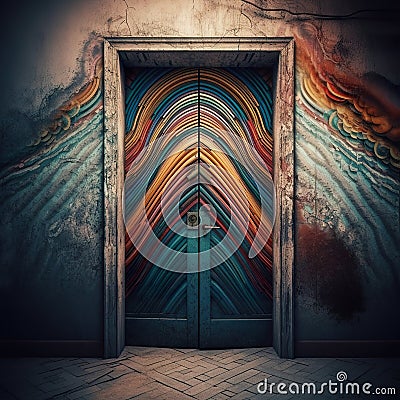 Surreal image of a dream inside a dream with open door to another dimension. Cartoon Illustration