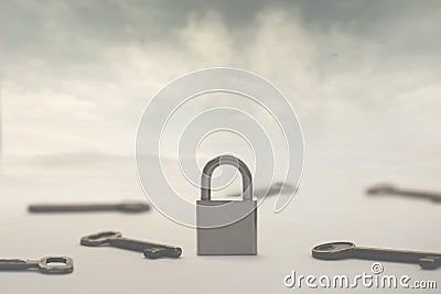 Surreal image of infinite keys as a solution to a single padlock or problem, concept of choice, success, solutions Stock Photo