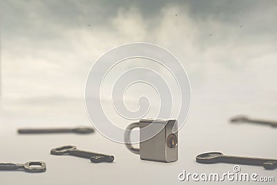 Surreal image of infinite keys as a solution to a single padlock or problem, concept of choice, success, solutions Stock Photo