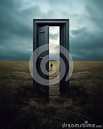surreal image of an open door with person in a field. Generative AI Stock Photo
